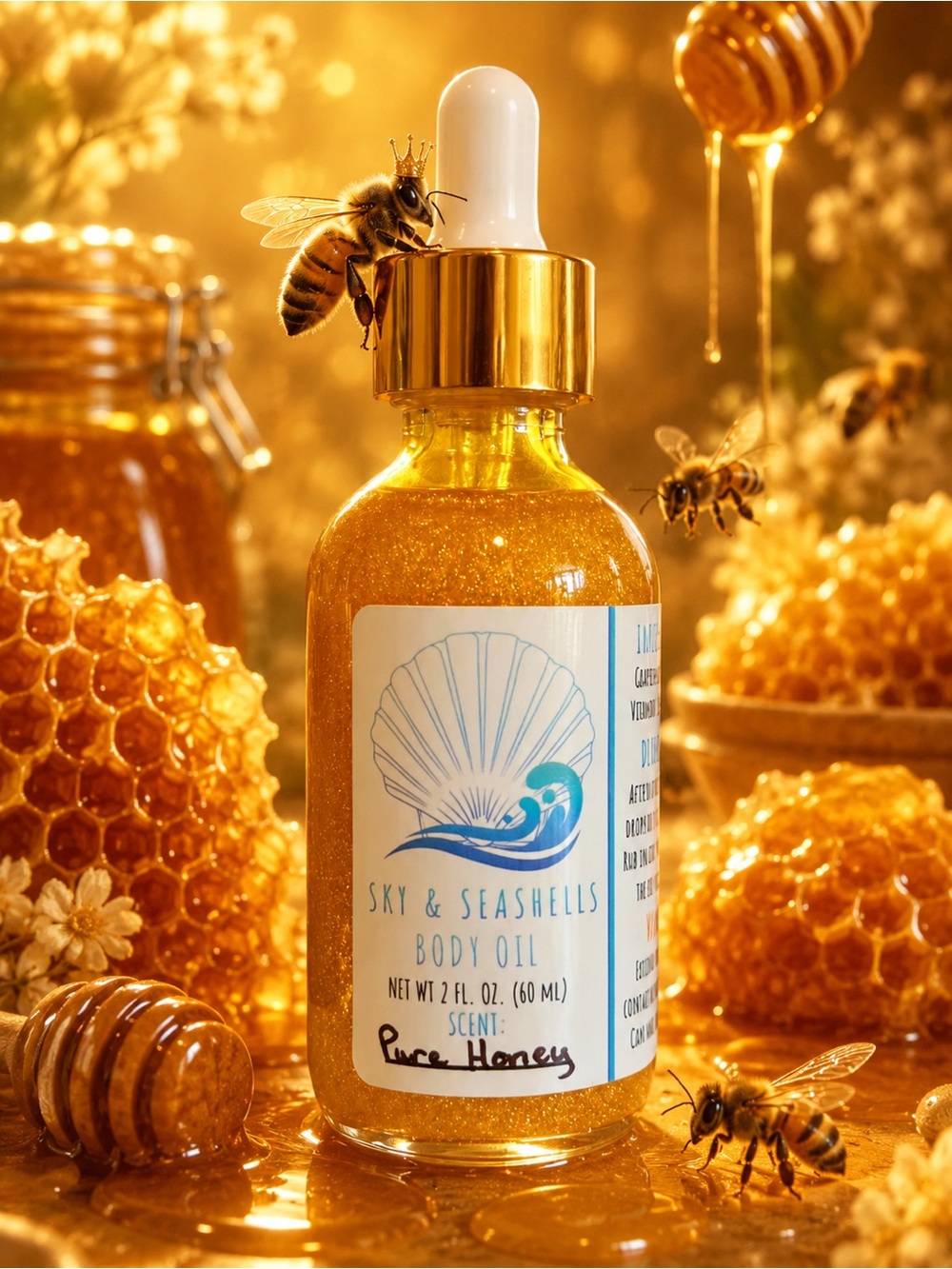 NEW Hand Crafted “Pure Honey” Scented Body Oil by Sky & Seashells Skincare